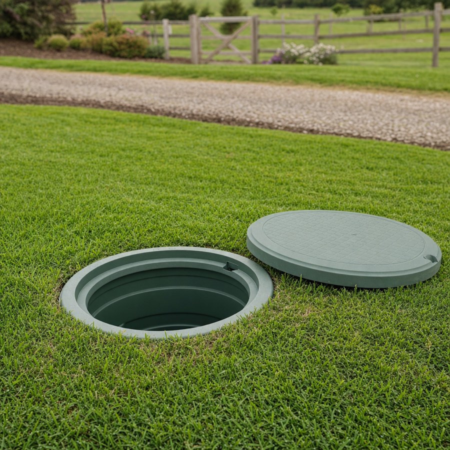 Open septic tank access lid at grass level in a rural lawn, ready for a pre-purchase septic inspection in the Fraser Valley